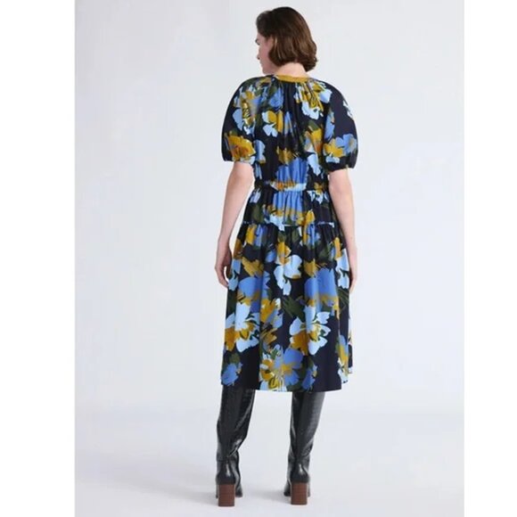 Free Assembly Blue Floral Belted Cotton Midi V-Neck Puff Sleeves Dress Various - Picture 3 of 6